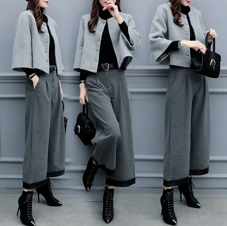 2023 Autumn Winter Wool Jacket Women Oversized Long Sleeve Coat Casual Trousers 2 Piece Set Elegant Women\'s Wide Leg Pant Set