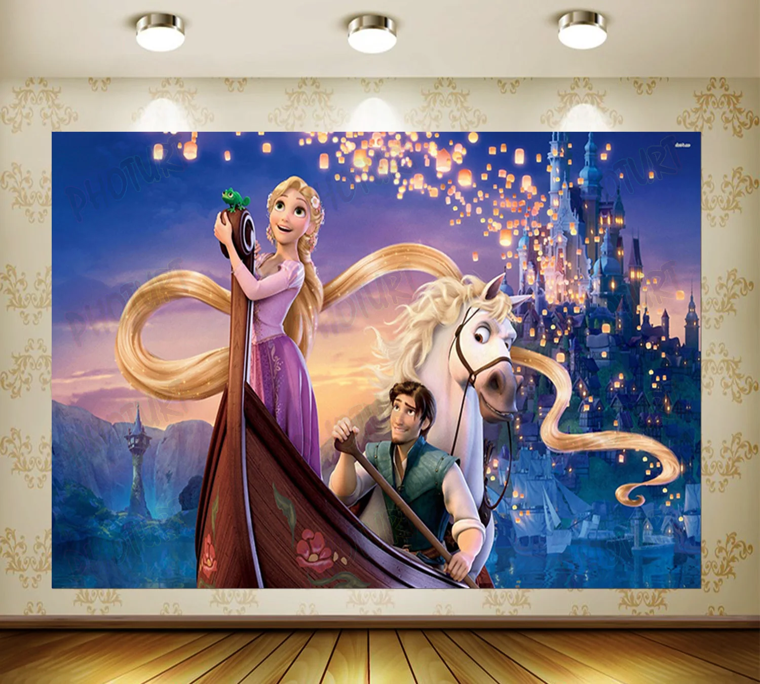 Disney Tangled Rapunzel Backdrop Kids Birthday Background Purple Long Hair Princess Vinyl Polyester Photography Decor Props