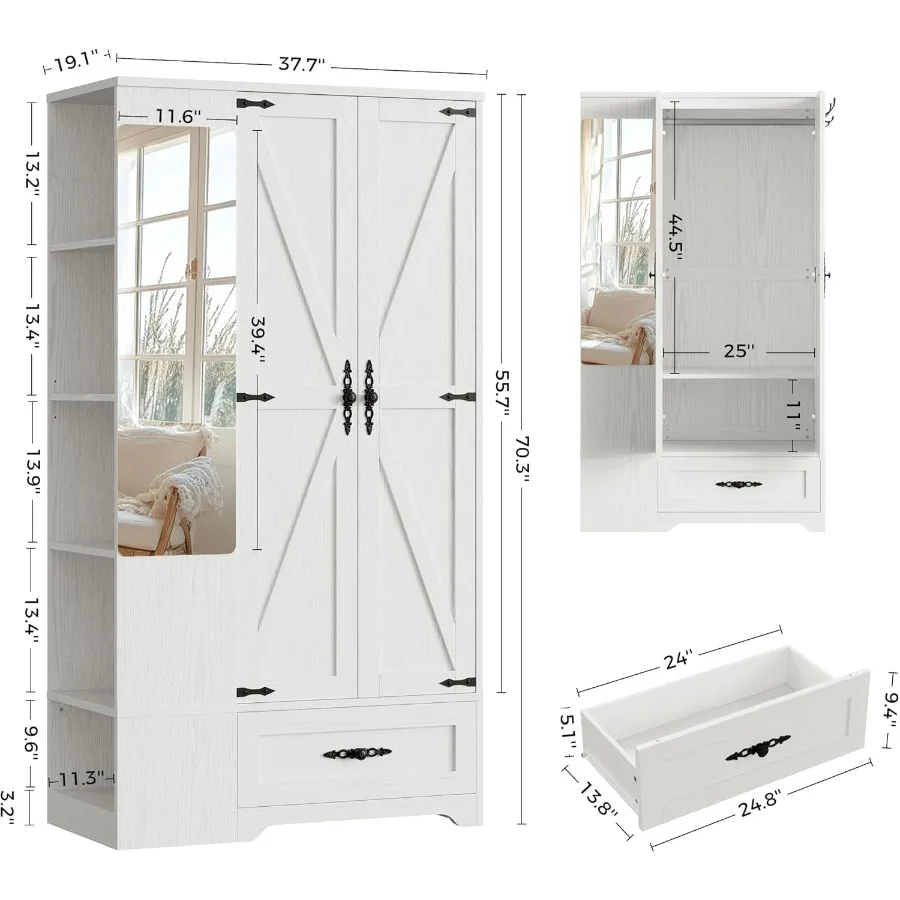 70 خزانة ملابس خشبية عالية لغرفة النوم مع مرآة ببابين خزانة ملابس تتميز بقضيب معلق 5 أرفف بناء