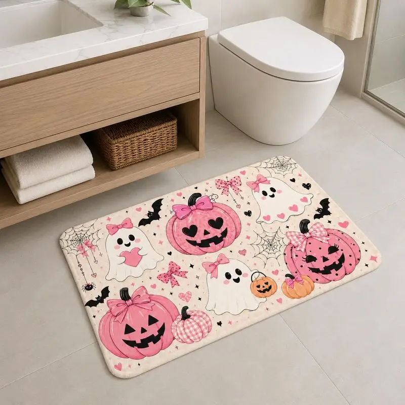 Pink Halloween Bath Mat Cute Ghost Pumpkin Bow Spider Web Print Non‑Slip Absorbent Floor Mat for Bathroom Spooky Home Decor