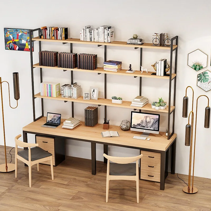Wrought iron solid wood bookshelf combination integrated table household computer American writing desk nail-free wall shelf