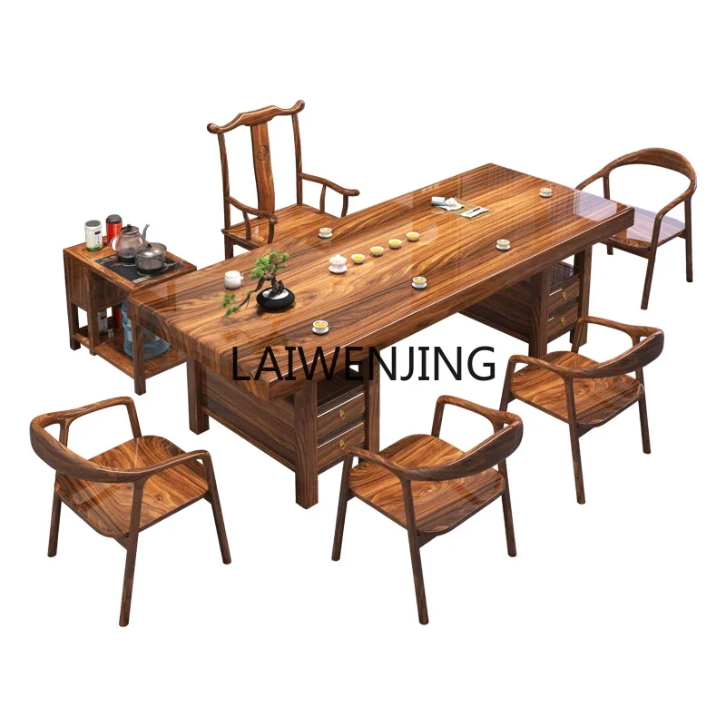 LYN all solid wood large board tea table and chair combination new Chinese whole board whole cut log tea table