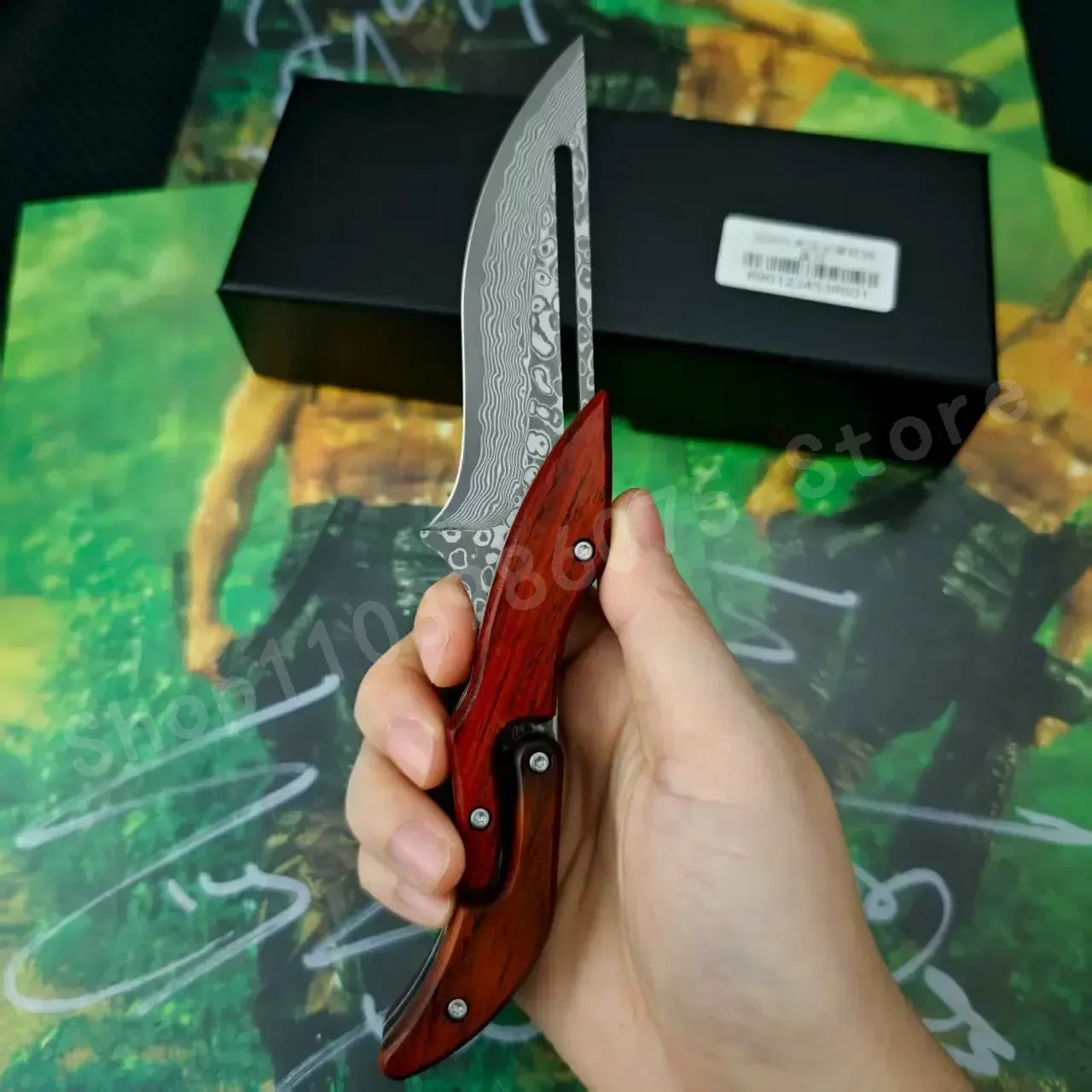 

Дамасский механический прямой нож, острое лезвие, ручка из палисандра, портативный нож для кемпинга, аварийный нож для самообороны, рыбалка, Бог