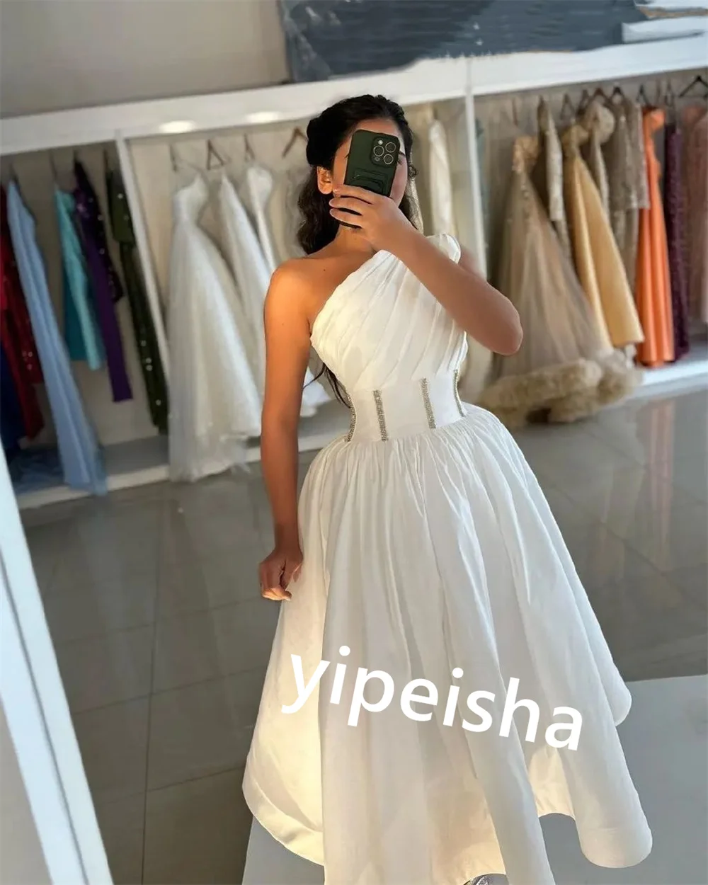 Vestido midi personalizado com faixa de jérsei para aniversário, linha A, um ombro, sob medida