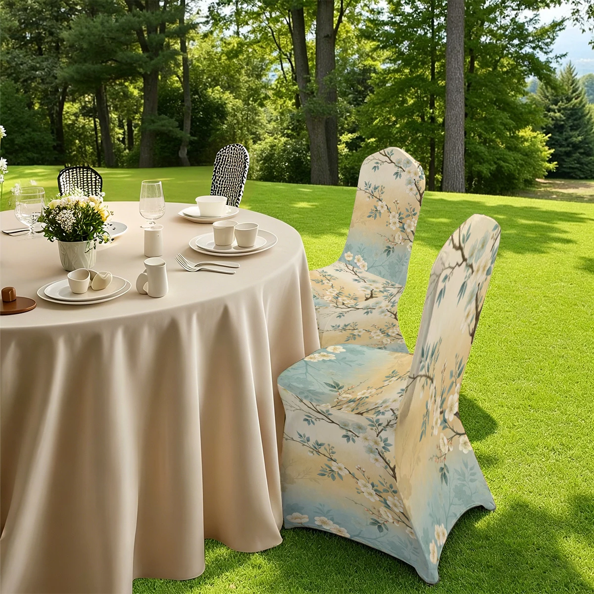 2D Blue Floral Bird Print Stretch Full Coverage Chair Cover, All-Inclusive Wear-Resistant, Stain & Scratch R