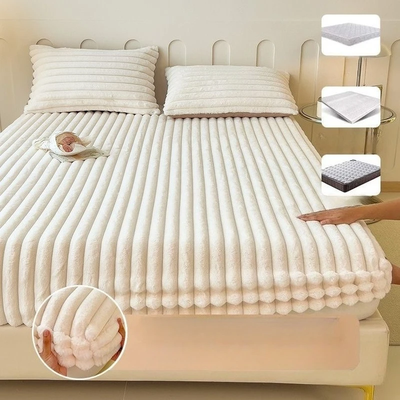 Solid-color Rabbit Fur Plush Strip Mattress Protection Cover Thick Warm Elastic Fitting Bed Cover for Single Bed Double Bed