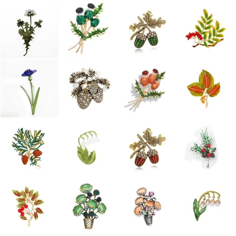 Vintage Enamel Plant Brooch, Oak Leaf Acorn Pine Cone Lily of the Valley Cornflower Floral Lapel Pin