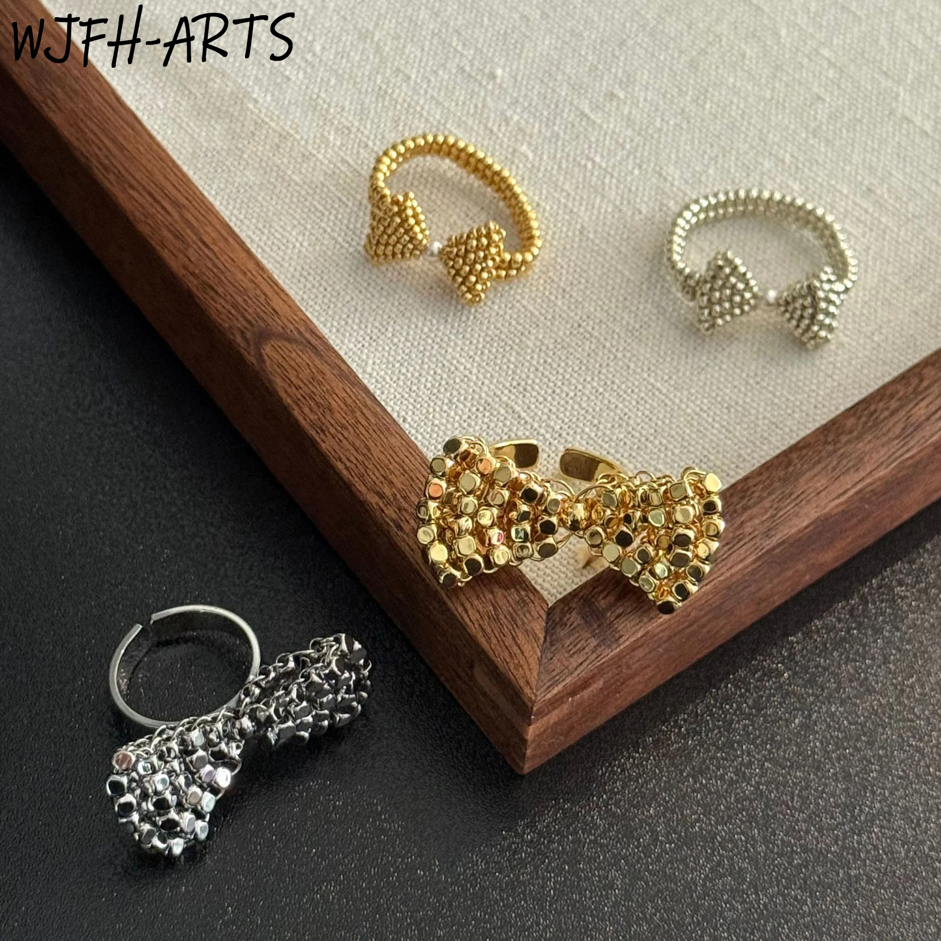 WJFH-ARTS Creative Small Square Beads Multi-Layer Splicing Bowknot Ring Women Advanced Design Hyperbole Bow Open Rings Jewelry