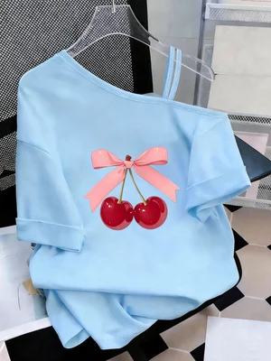 Y2K Style Creative Print with Pink Bow and Cherry Pattern, Sweet and Cute Women's Fashionable Casual Versatile Spring and Summer Hot-Selling Off-The-Shoulder T-Shirt