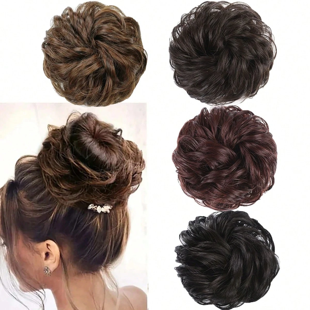 Fashionable and elegant  Artificial Silk Bun Hairpiece Elastic Wavy Curly Hair Extension for Women and Girls Volume and Curls