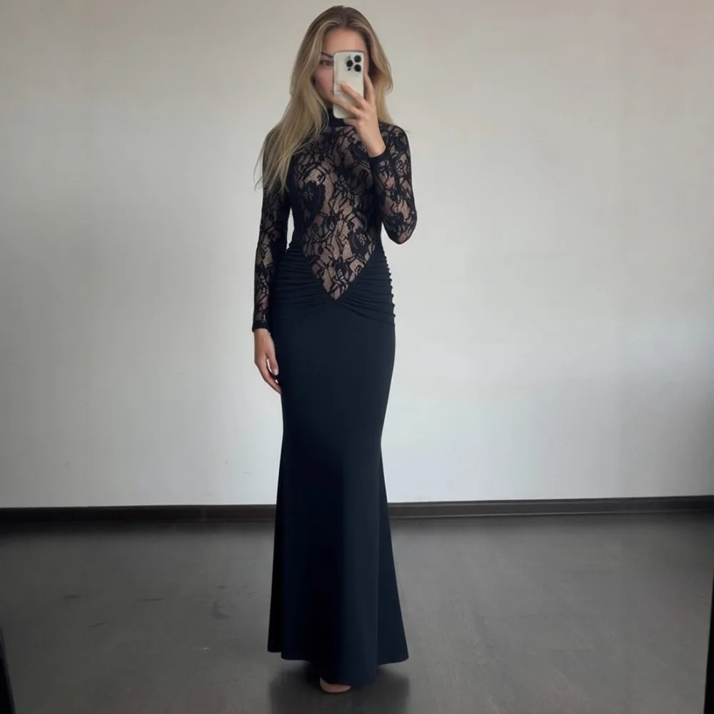 Vestido de noche elegante de sirena negra de manga larga, vestidos de fiesta de boda modestos de satén de encaje para mujer