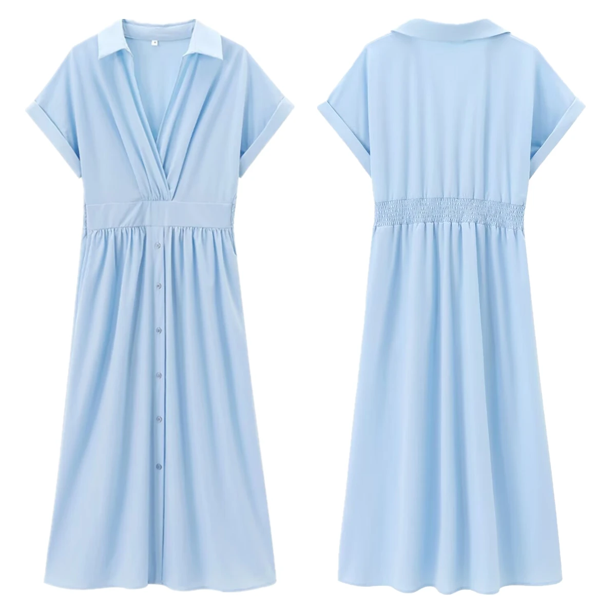 

Maxdutti Fashion Ladies Sashes Short Sleeved Long Shirt Midi Dress Vestidos French Style Minimalist Sky Blue Dress Women