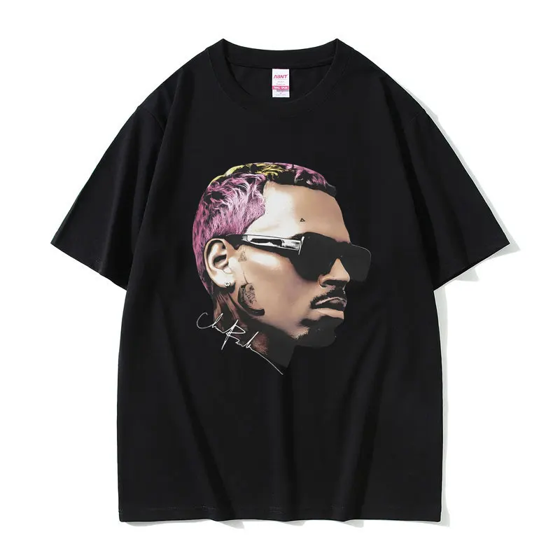 Rapper Chris Brown Head Graphic T-shirts Men Women Fashion Hip Hop Tshirt Male Pure Cotton T Shirt Men's Oversized Streetwear