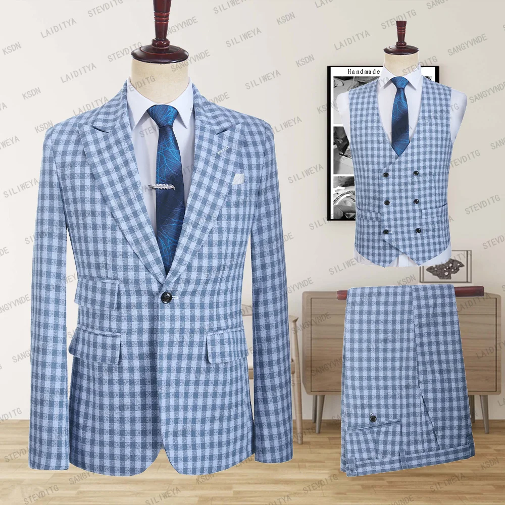 Male Wedding New 2023 Summer Business Formal Blue Plaid Suit Luxury Slim Fit Coat Trousers Men Dress Blazers Pants Vest 3 Piece