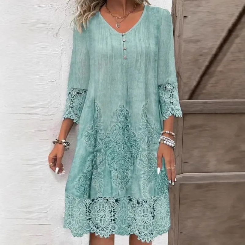 Damenmode Frühling Sommer Beliebtes Einfarbiges Spitzenkleid V-Ausschnitt Blütenblatt-Quartermärmel Elegantes Bürokleid Vestidos