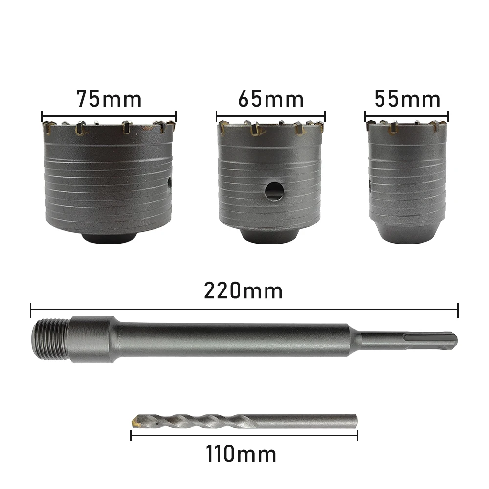 Jeu de forets circulaires pour perceuses à percussion SDS Plus, 4 pièces, avec 55, 65, 75mm