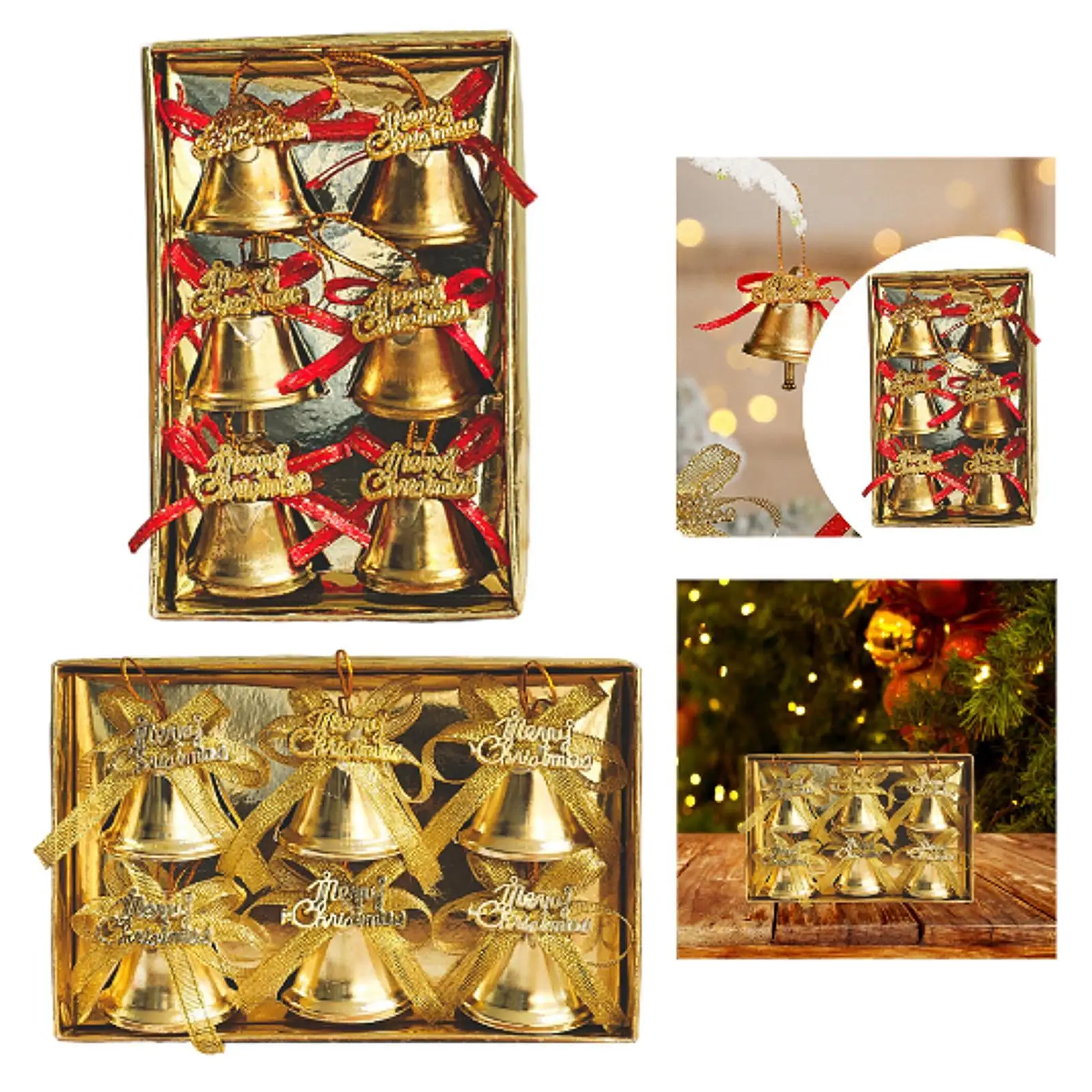 6Pcs Christmas Tree Metal Bells Pendants Gold Color Decorative Props for Fireplace Mantles