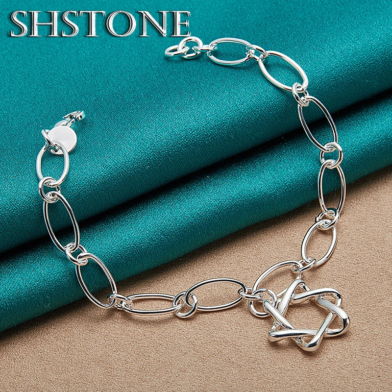 925 Sterling Silver Oval Link Bracelet With Openwork Stars Stylish Charming Original Design Perfect Birthday Party Gift Women