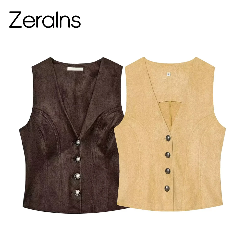 ZERAINS Summer New Product Women's Commuting Style Sleeveless V-neck Metal Button Decorative Curved Bottom Tank Top