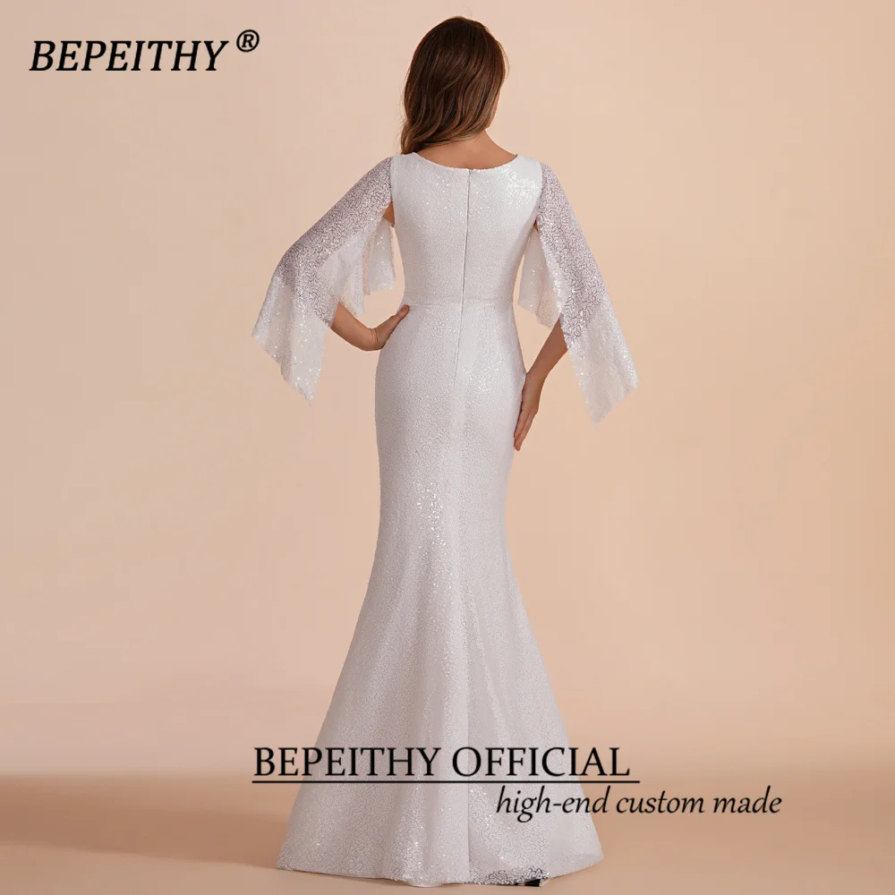 BEPEITHY Customized V Neck Sequins Evening Party Gown For Women 2023 Half Sleeves Full Length Spring Prom Formal Dresses Vintage