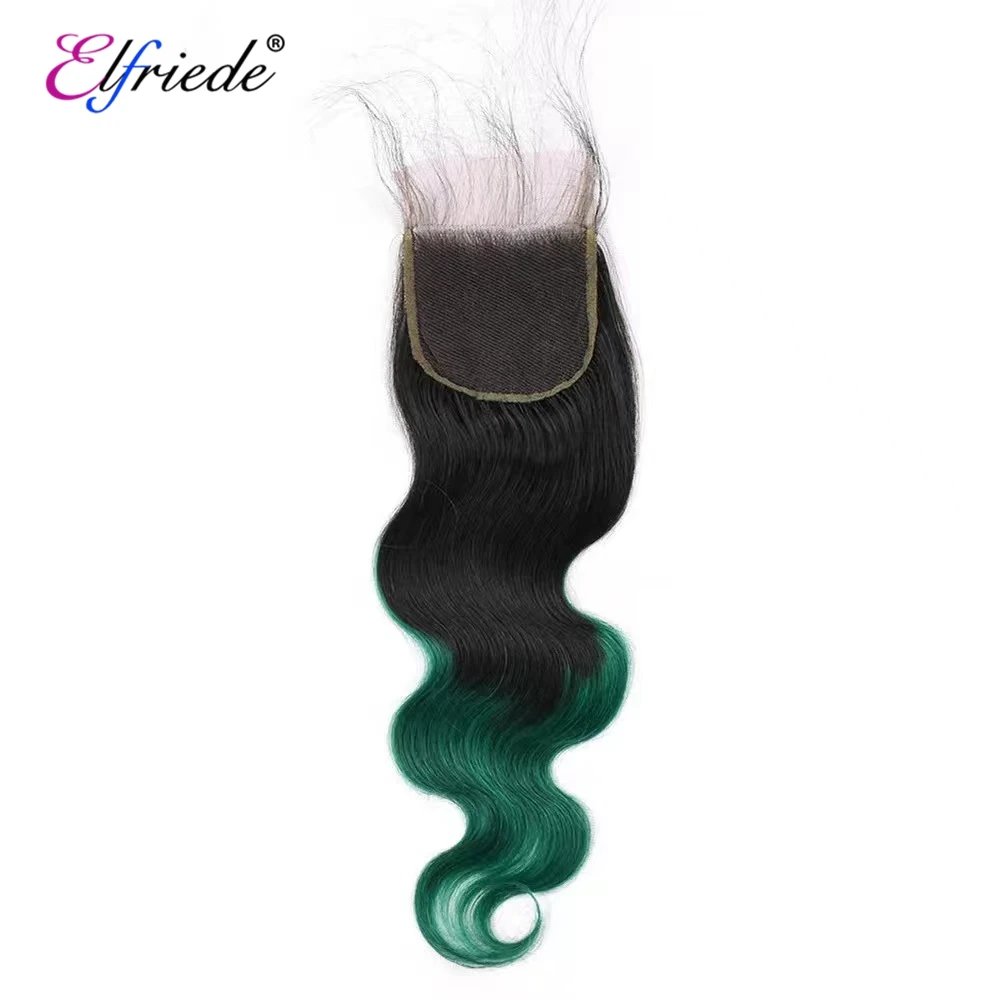 Elfriede-Mèches Body Wave Naturelles avec Closure, Cheveux Humains, Ombré # 1B/Vert, Cousus sur Trames, 3 Lots, avec Closure en Dentelle Transparente, 4x4