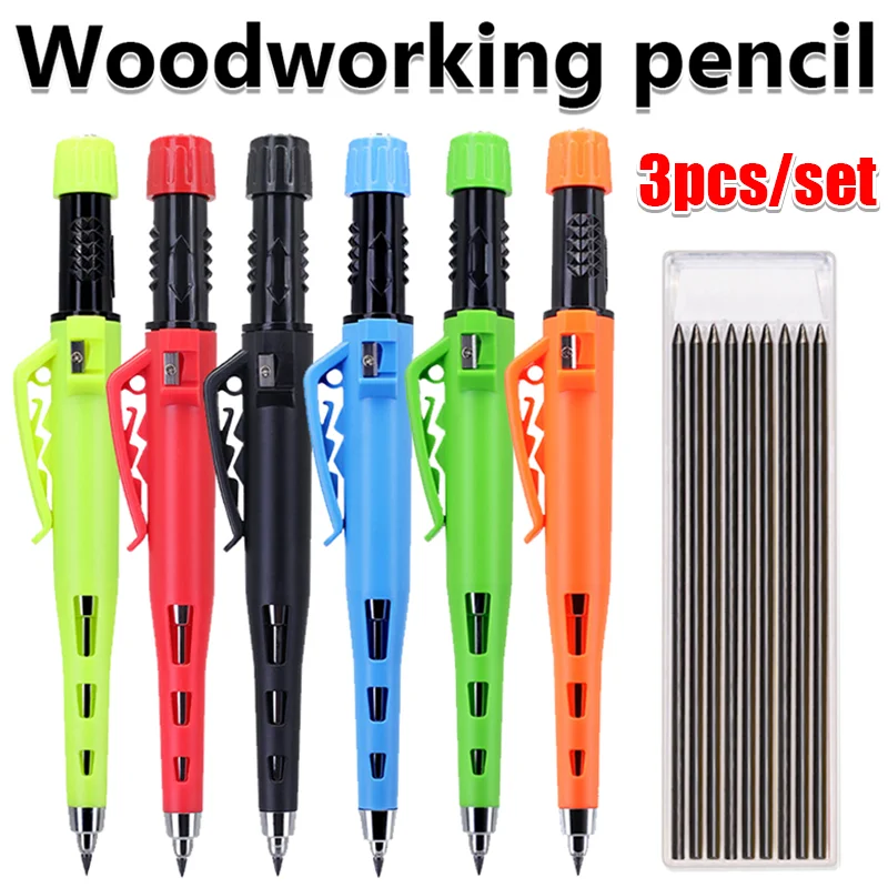 3 unids/set nuevos lápices de carpintería de carpintero de cabeza larga de 55mm con tapa de lápiz, herramienta de dibujo de lápiz de marcado de carpintería de 2,8mm