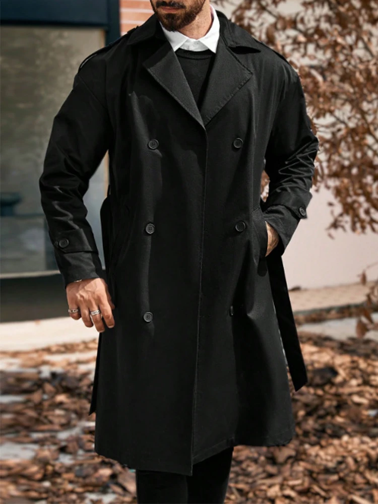 

Стильные мужские длинные пальто, осень-зима, уличный повседневный однотонный плащ, мужские винтажные двубортные пальто с лацканами