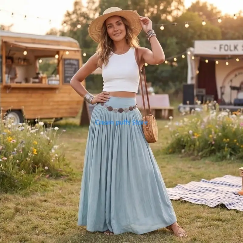 50LE Polyester Maxi Skirts Flows Long A Line Skirt for Women Elastic Waist for Summer, Beach, Casual, Vacation
