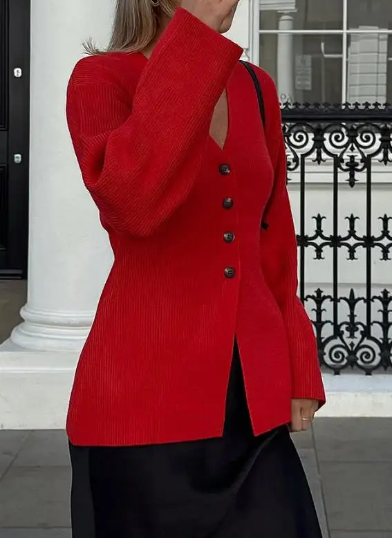 

2025 Autumn Solid Color V-Neck Slim Fit Waist Cinching Single Breasted Long Sleeved Sweater, Women's Temperament Casual Sweater