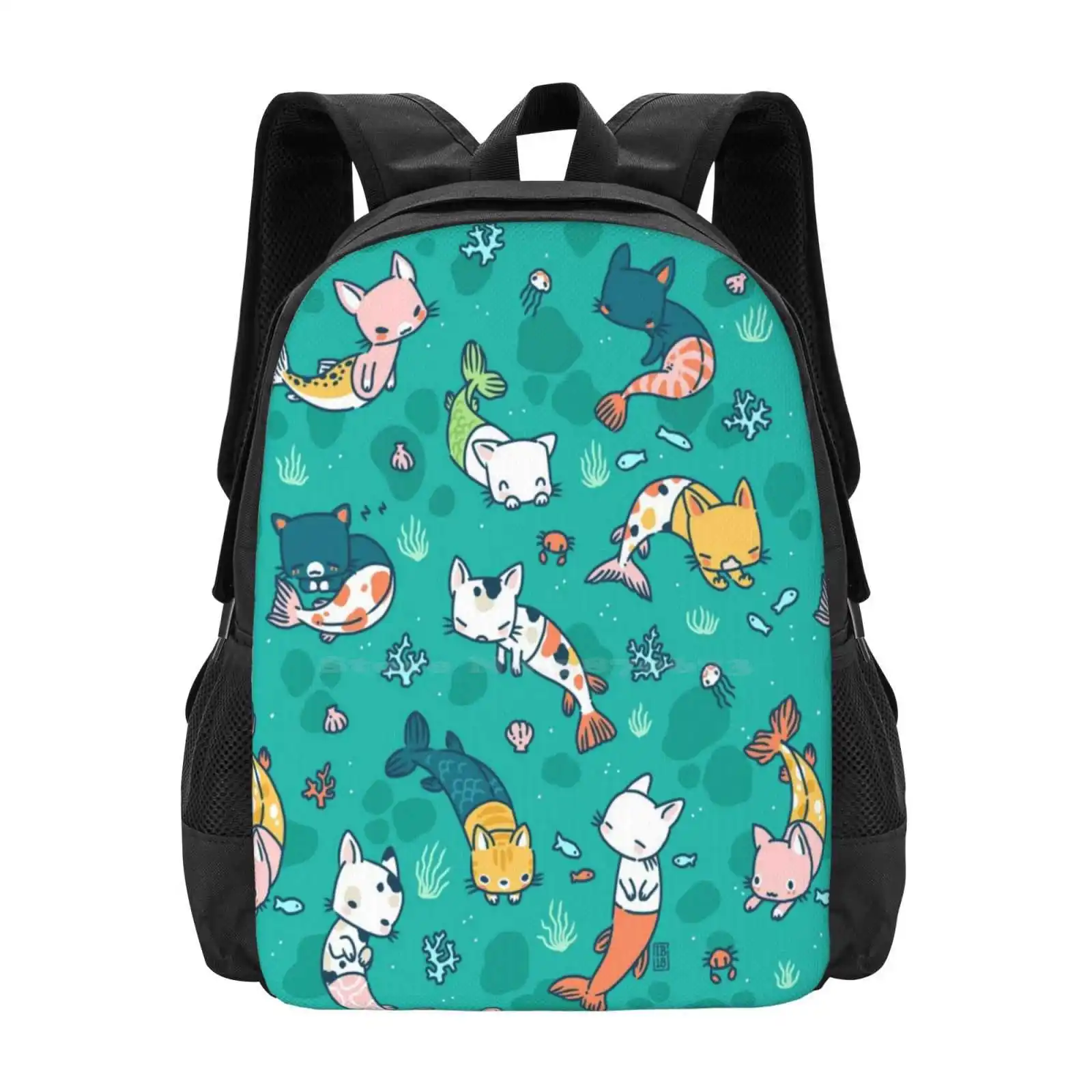 Meowmaids Teal Hot Sale Backpack Fashion Bags Cat Animal Mermaid Fish Sea Water Kawaii Cute Fantasy Cartoon Simple Nursery Kids