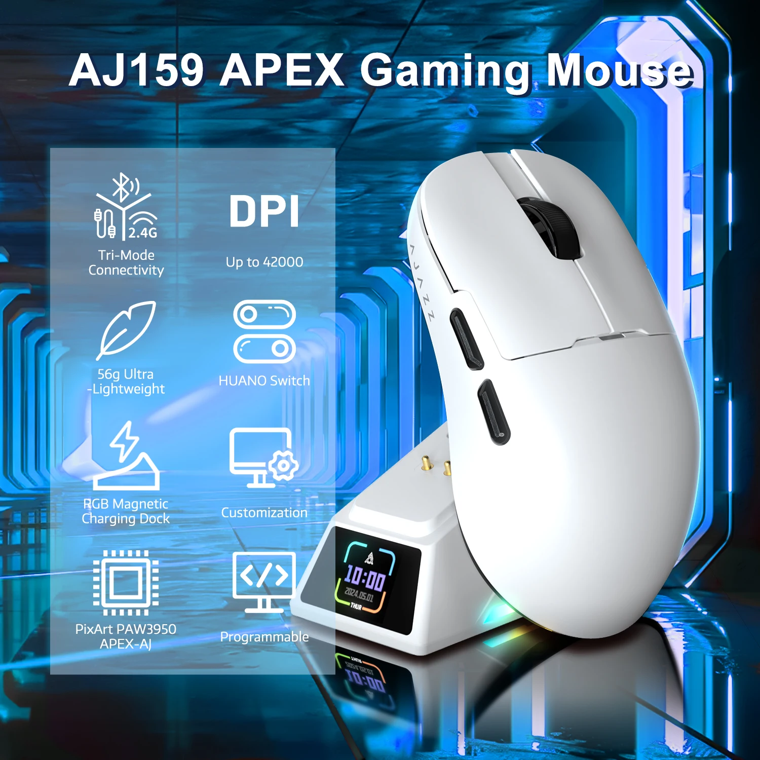 Attack Shark × AJAZZ AJ159 APEX  8K Tri-Mode Gaming Mouse, PAW3950, Magnetic Charging Screen Dock , Up to 42K DPI, for PC/MAC