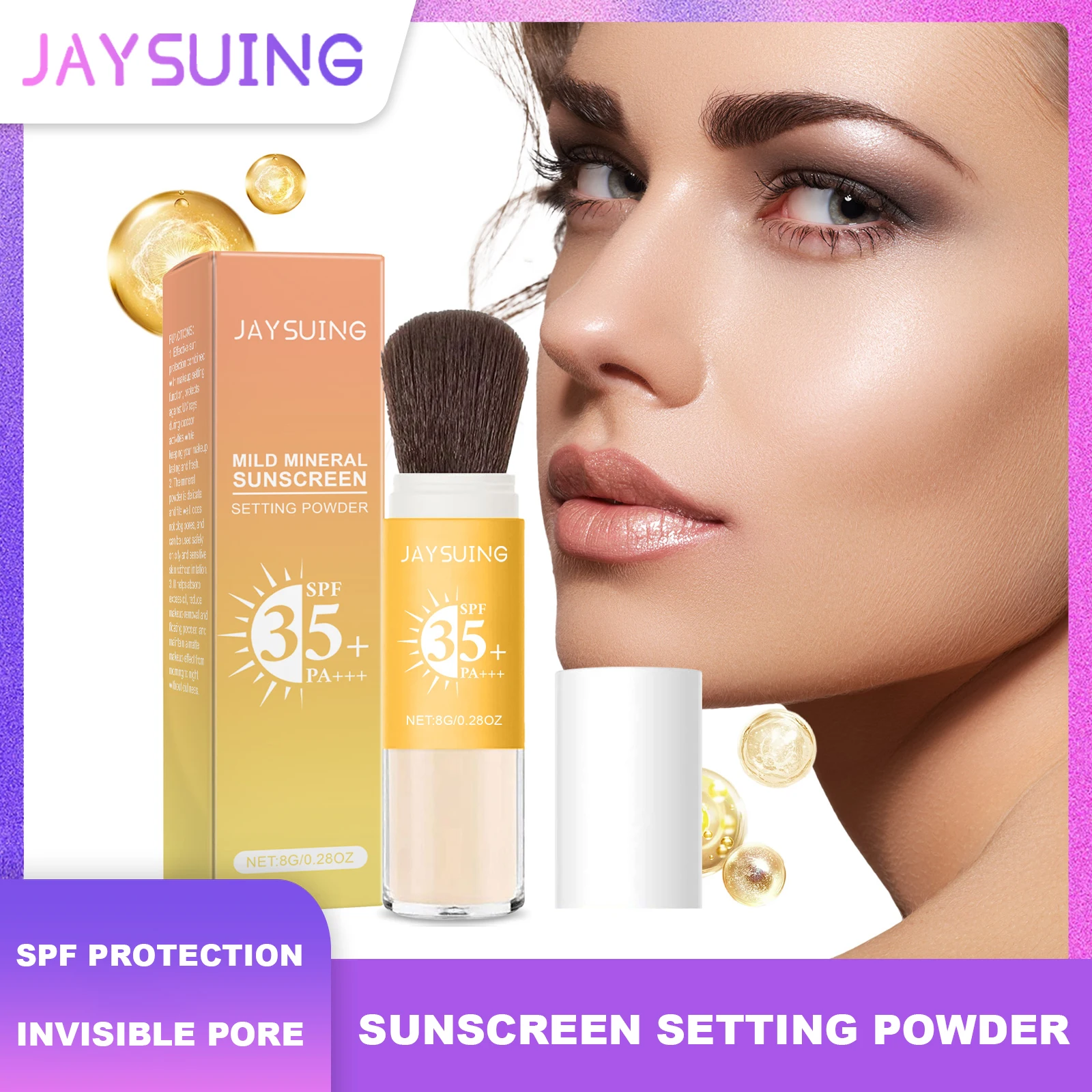 Jaysuing protetor solar em pó, proteção spf, à prova d'água, poros invisíveis, bloqueador solar, iluminar o controle de óleo, maquiagem de longa duração
