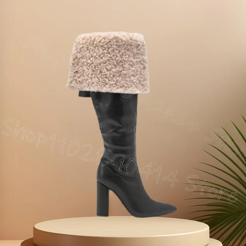 

Lamb Wool Turned Over Black Pointed Toe Boots Side Zipper Women Shoes Chunky High Heels Fashion Party 2025 Zapatos Para Mujere