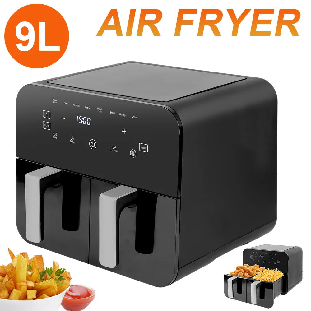 2400W 9L Hot Air Fryer Double Chamber -2 Independent 4.5L Drawers air fryer Automatic Programmes with LED Touch Screen