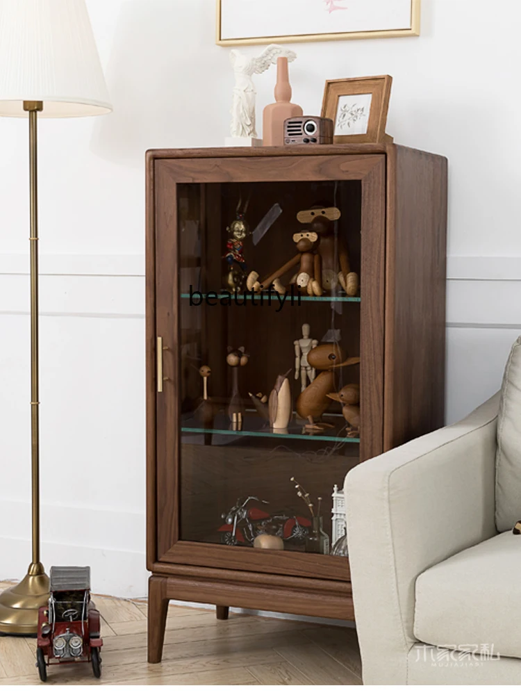 Walnut Side Cabinet with Light Display Cabinet Made of Glass Black Walnut Walnut Wooden Side Cabinet Living Room  Wood Wax Oil