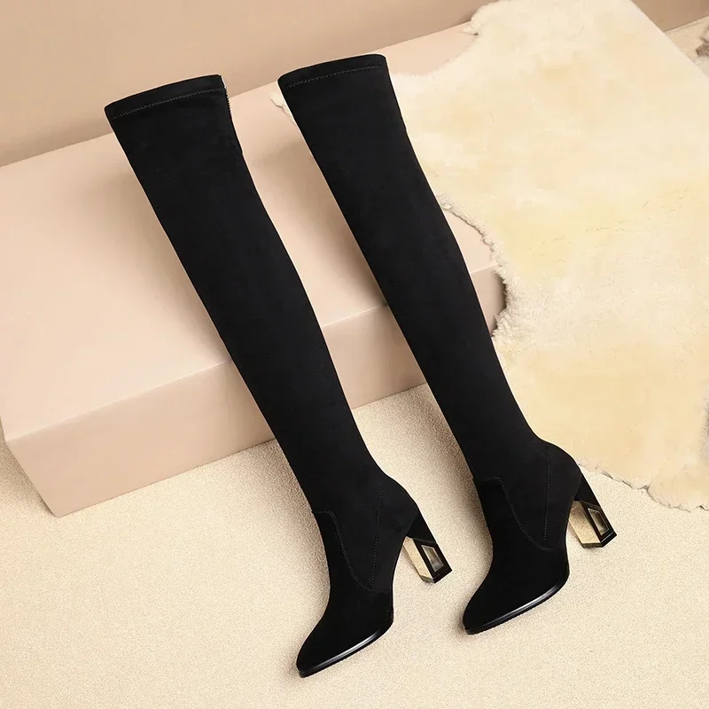 Free Shipping Kid Suede Over-the-Knee Sock Boots 2023 Hot Sale Square Heel Shoes for Women Pointed Toe High Heel Women\'s Boots