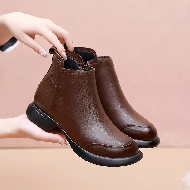 GKTINOO 2024 Autumn Winter Women Boots Genuine Leather Flat Heel Side Zipper Soft Soled Retro Style Casual Mother Short Boots