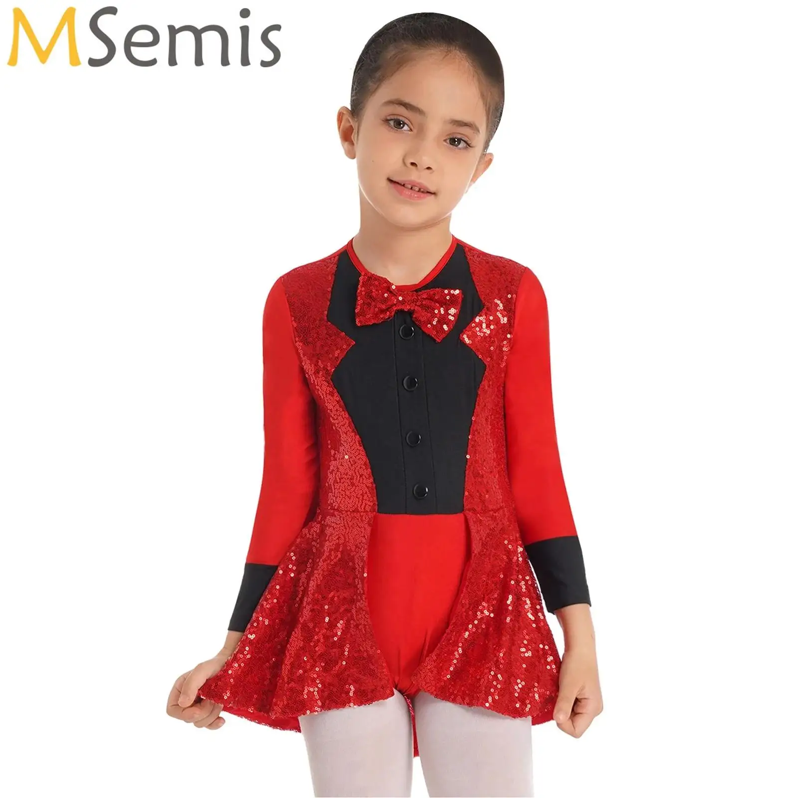 Girls Sequins Long Sleeves Ballet Dance Dress Bow Tie Magic Performance Leotard Modern Ballroom Latin Jazz Dance Costume