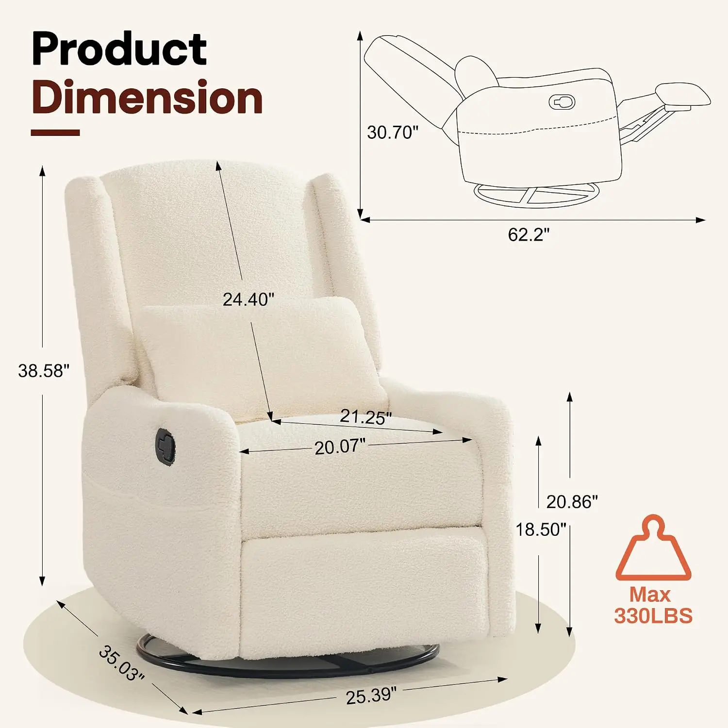 Boucle Glider Recliner Rocking Chair, 360° Swivel Comfy Upholstered Nursery Living Room Bedroom Seating, Beige, Customized
