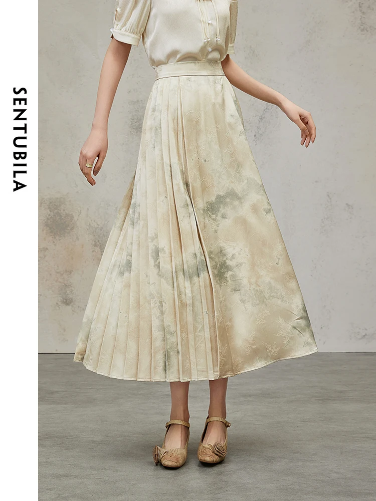 

SENTUBILA Jacquard New Chinese Style Horse Faced Skirt 2024 Summer High Waist A-line Side Pleated Skirts Woman Clothes 141Q53040