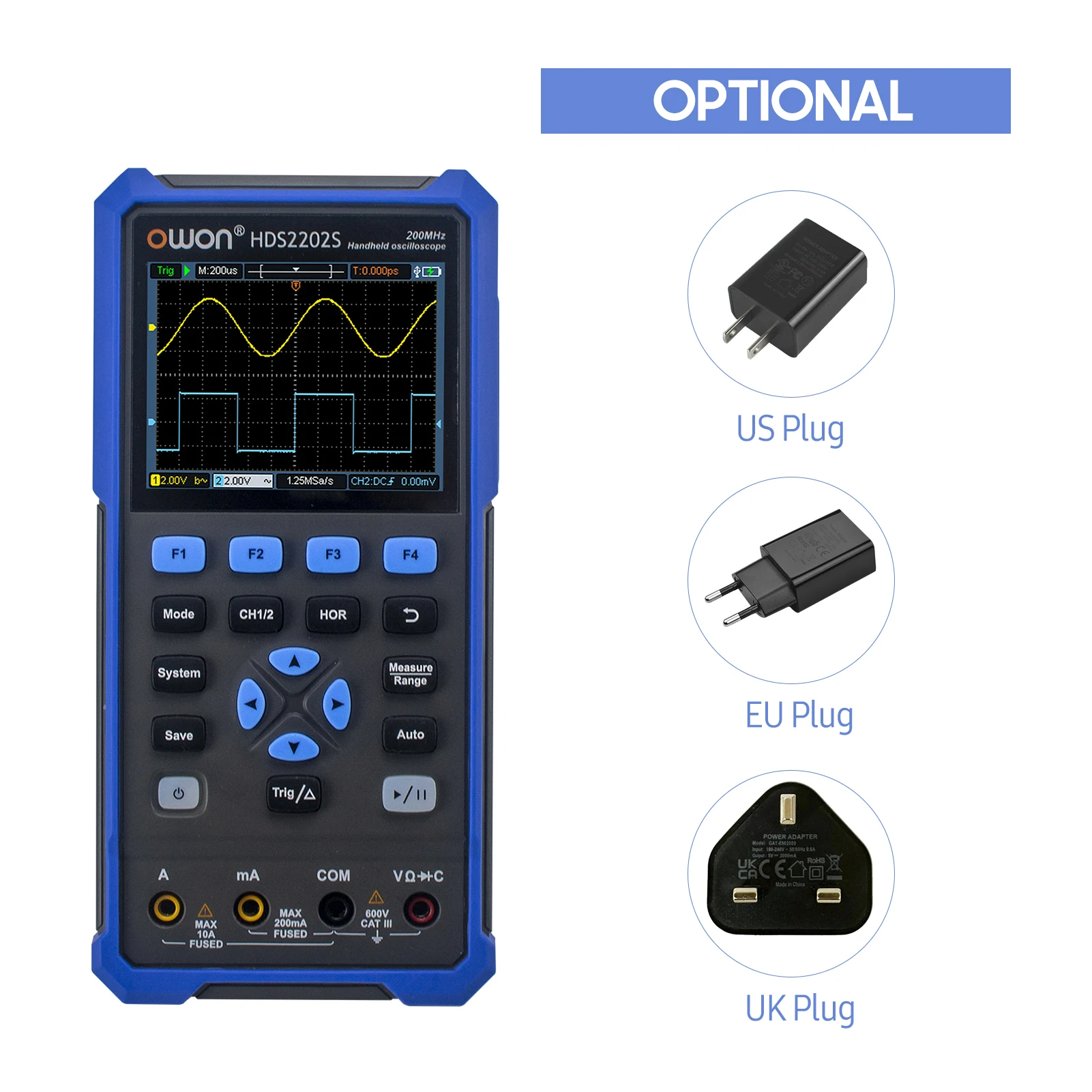 OWON HDS2202S 3 in 1 Handheld Digital Oscilloscope Multimeter Waveform Generator 200MHz 1GSa/s Dual Channels Oscilloscope True