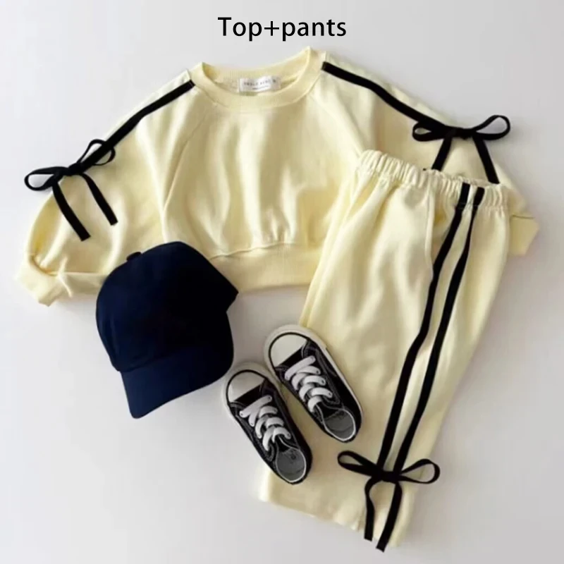 Girls Korean version Spring New Long Sleeve Clothes Set Baby Girls Bow patchwork pure cotton Casual 2pcs Suit Kids Sports Outfit