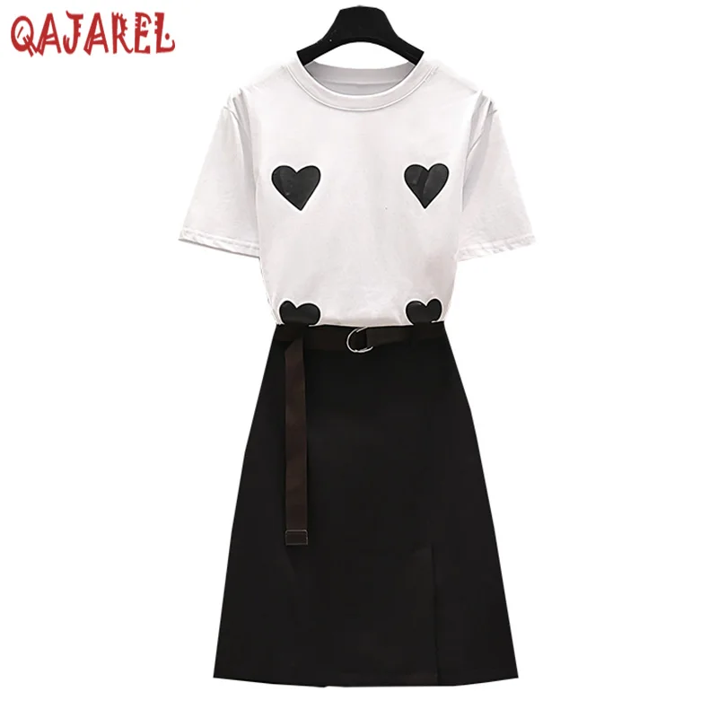 

Женский трикотажный комплект из двух предметов, белая хлопковая футболка с коротким рукавом и черная мини-юбка до локтя, лето 2024