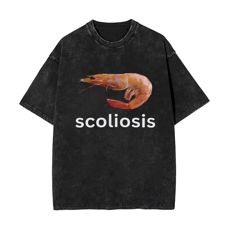 Vintage Funny Meme Playful Shrimp Well Red Shrimp Scoliosis Washed T Shirt Y2K Men Women Y2k Streetwear Cotton Tee Unisex Top