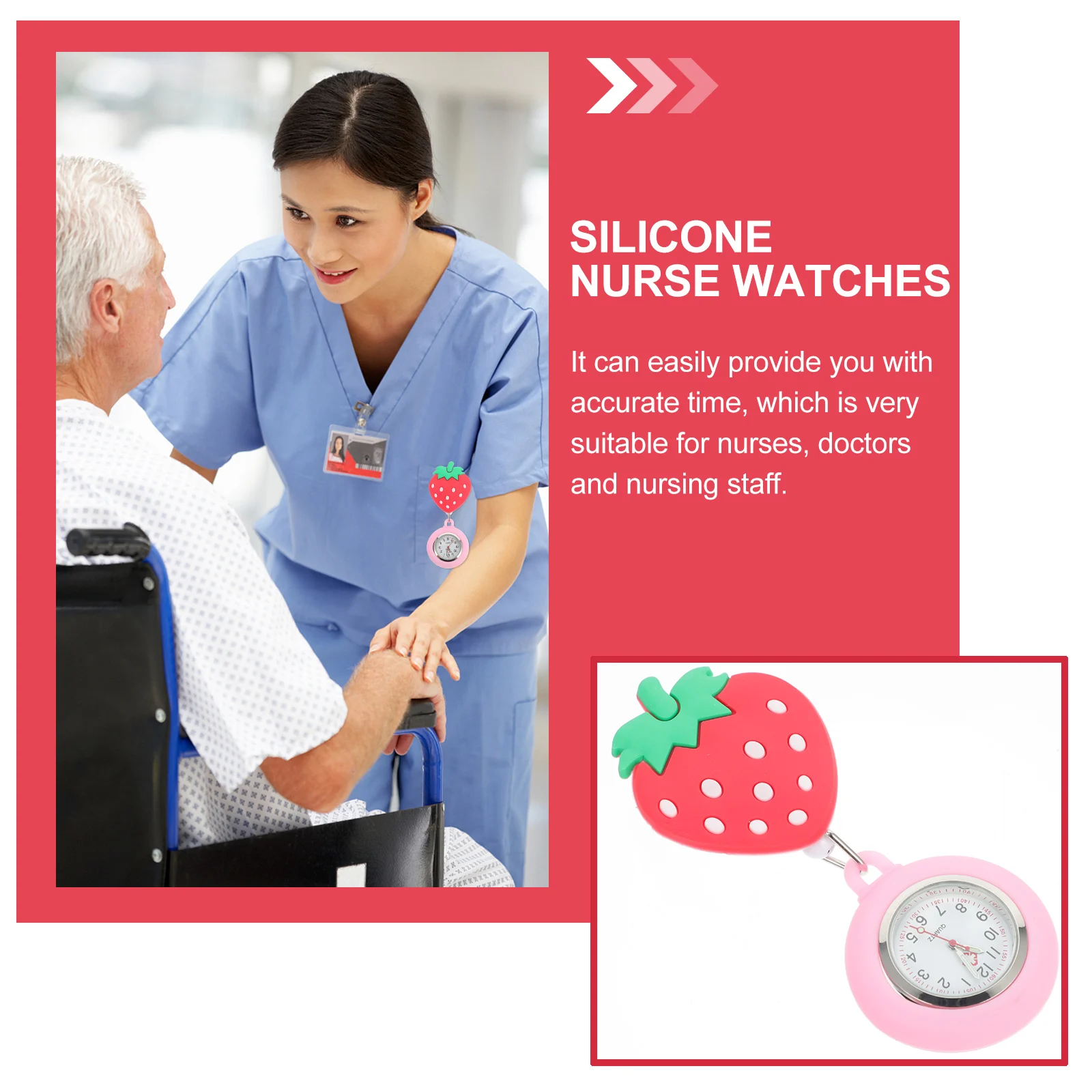 

Nurse Pocket Watch Strawberry Design Hanging Doctor Zinc Alloy Glass Silicone Large Dial Clip On Check Time Nurse