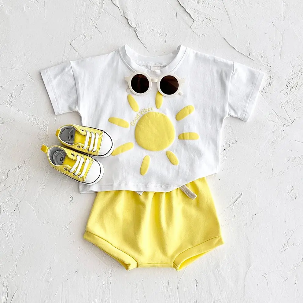 Toddler Boys Outfit Baby Clothes Set Newborn Baby Summer Clothing Cotton Girl Suit Sun Flower Print T-shirt+Beach Shorts