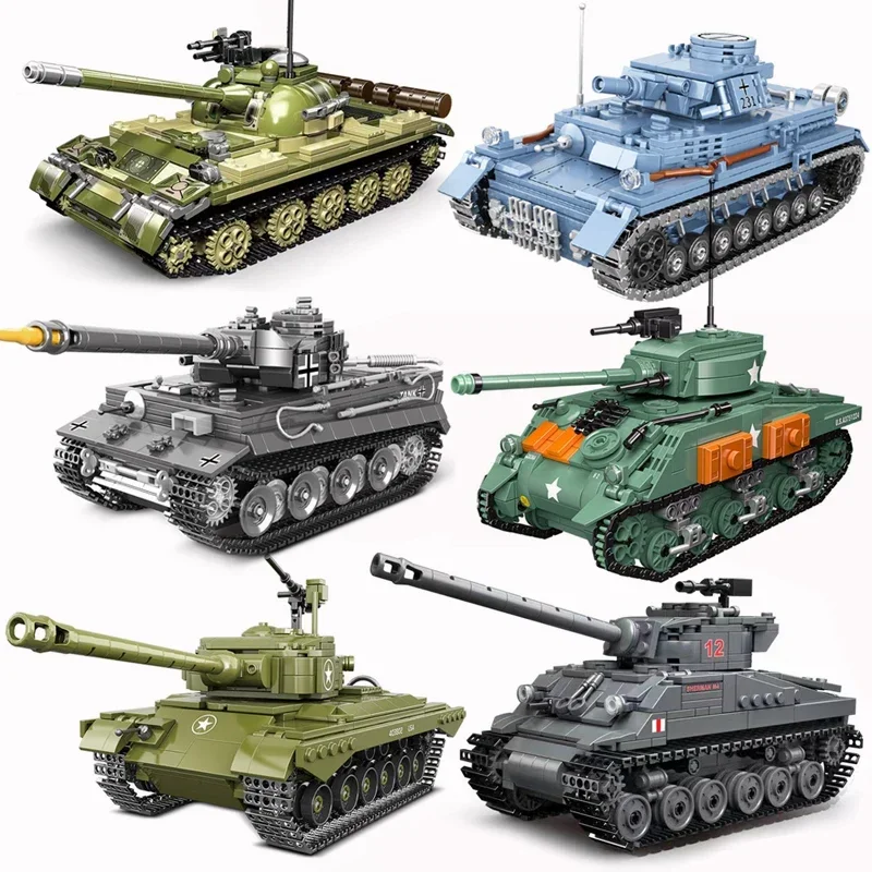 Différents Types de char militaire ww2 1:35, blocs de construction de l'armée Sherman M4 luciole T54, figurines de soldats, armes en briques, jouets pour enfants
