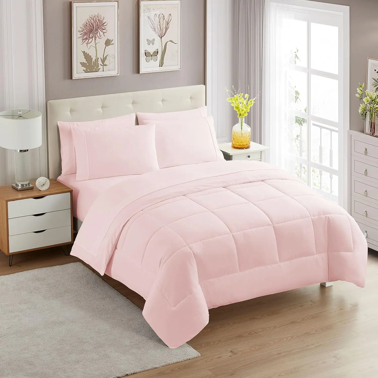 

7 Piece Comforter Set Bag Solid Color All Season Soft Down Alternative Blanket & Luxurious Microfiber Bed Sheets, Pale Pink