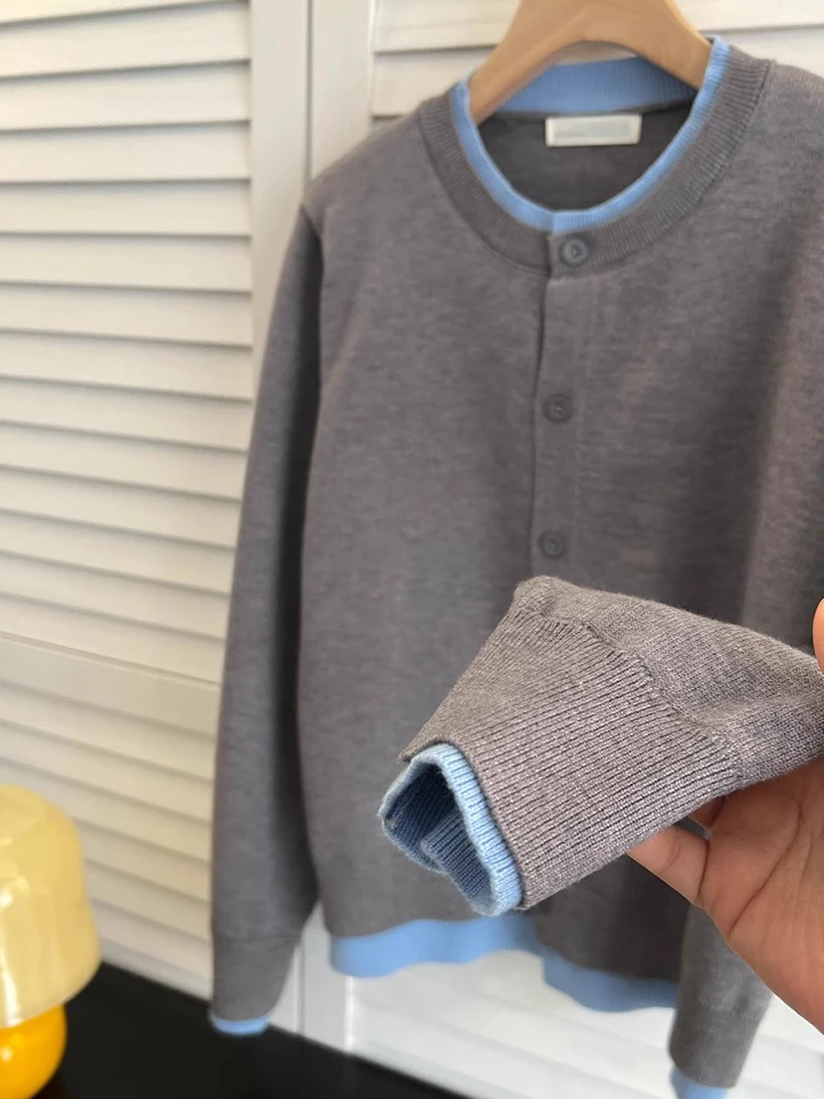 

Корейский свободный вязаный кардиган с длинными рукавами на одной пуговице, однотонный, с цветными блоками, осенне-зимний модный женский топ