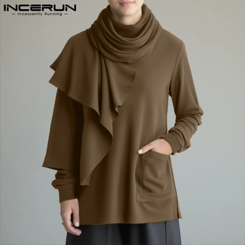 

INCERUN Men Irregular T Shirt Solid Turtleneck Long Sleeve Male Tee Tops Streetwear Pockets Loose Fashion Casual Men Clothing